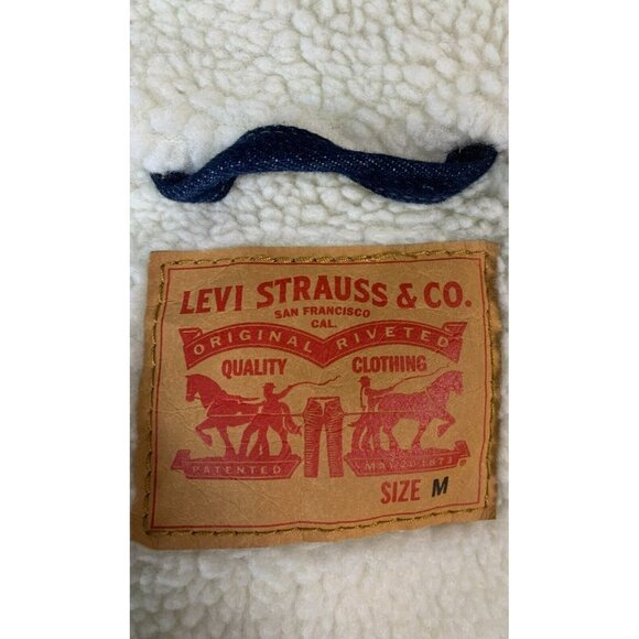 Levi Strauss Unisex Denim Trucker Jacket Size Medium M Blue Snap Button Sherpa - Picture 8 of 10